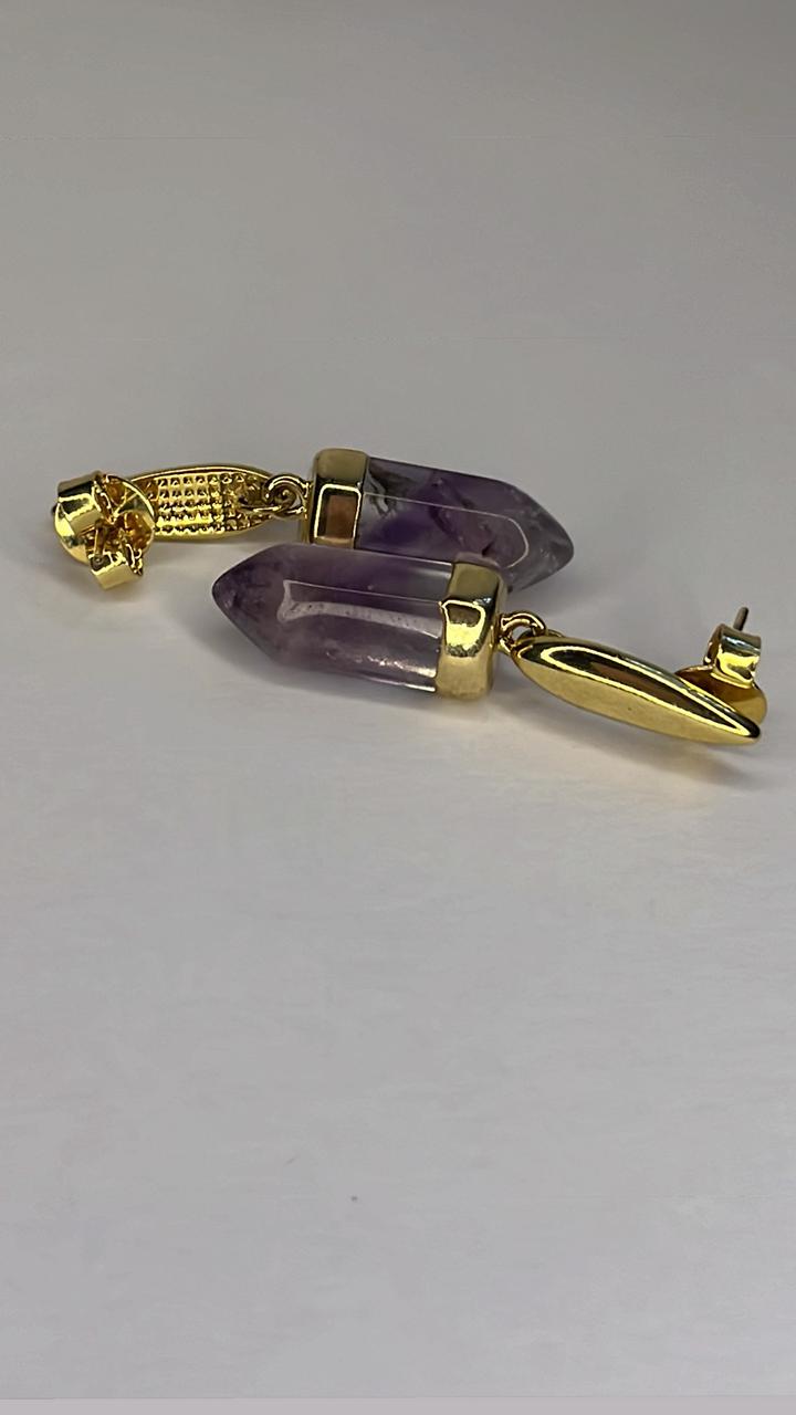 Brinco Gota de Ametista Dourada