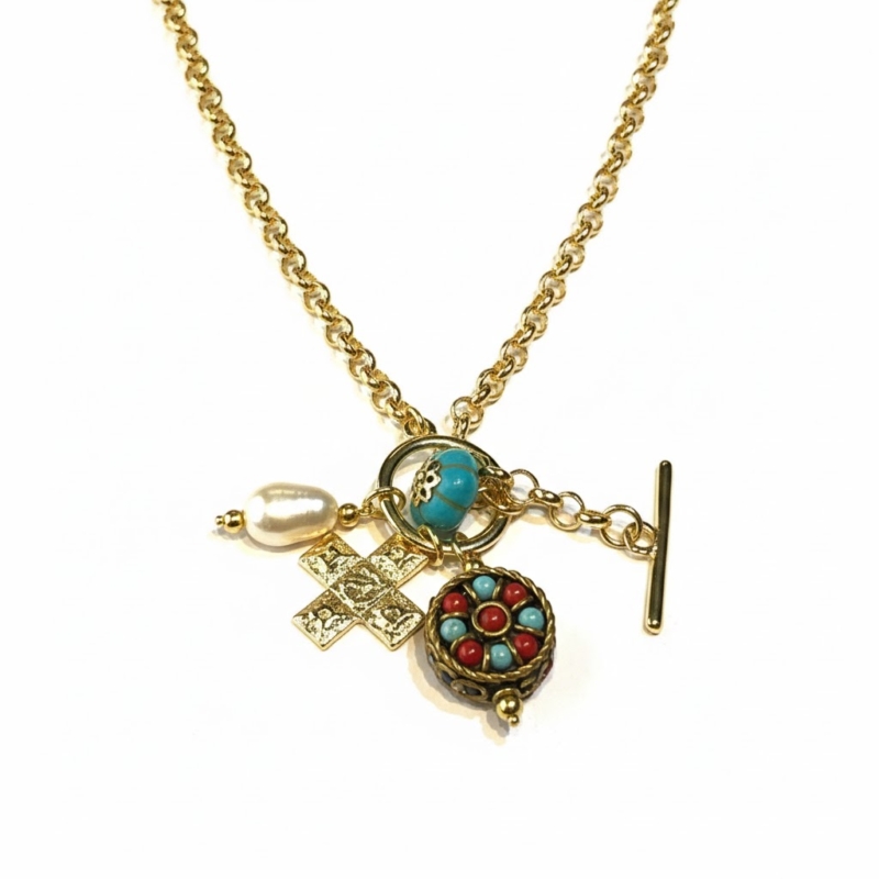 Colar com Corrente de Elos Rolo e Pingentes Mismatched